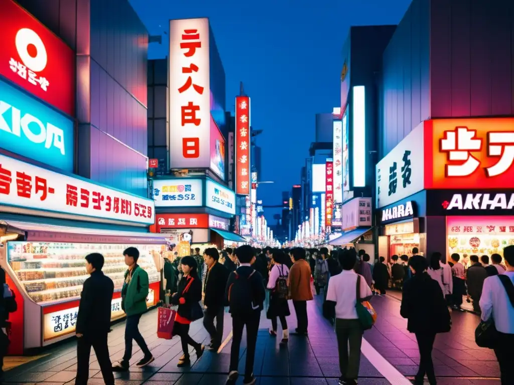 Akihabara de noche: neones, anime y cosplay en contraste con arquitectura tradicional