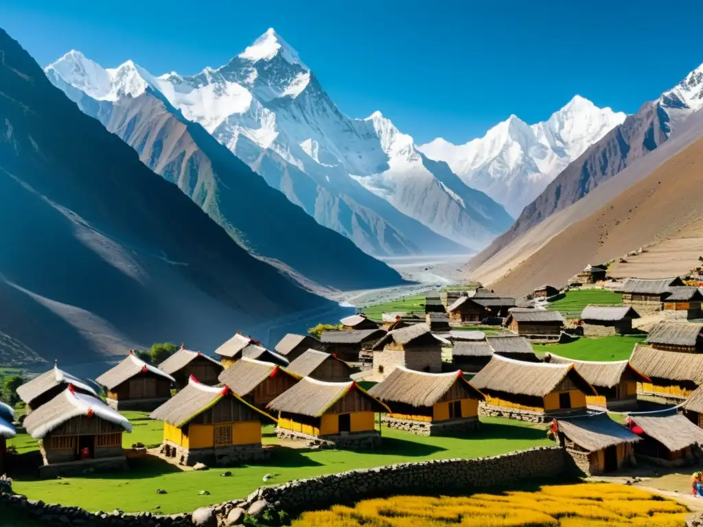 Aldea aislada en el Himalaya, tradiciones ancestrales, hogares tradicionales y actividades cotidianas