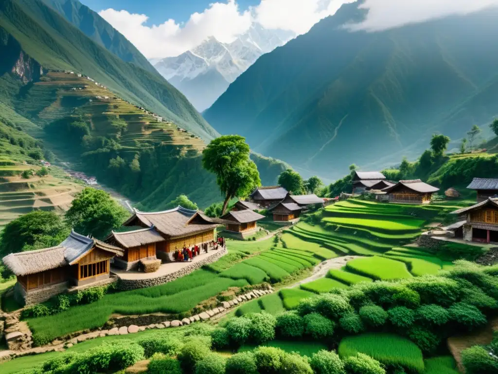 Aldea ancestral en el Himalaya, con casas de piedra y madera, vegetación exuberante y tradiciones locales frente a picos nevados