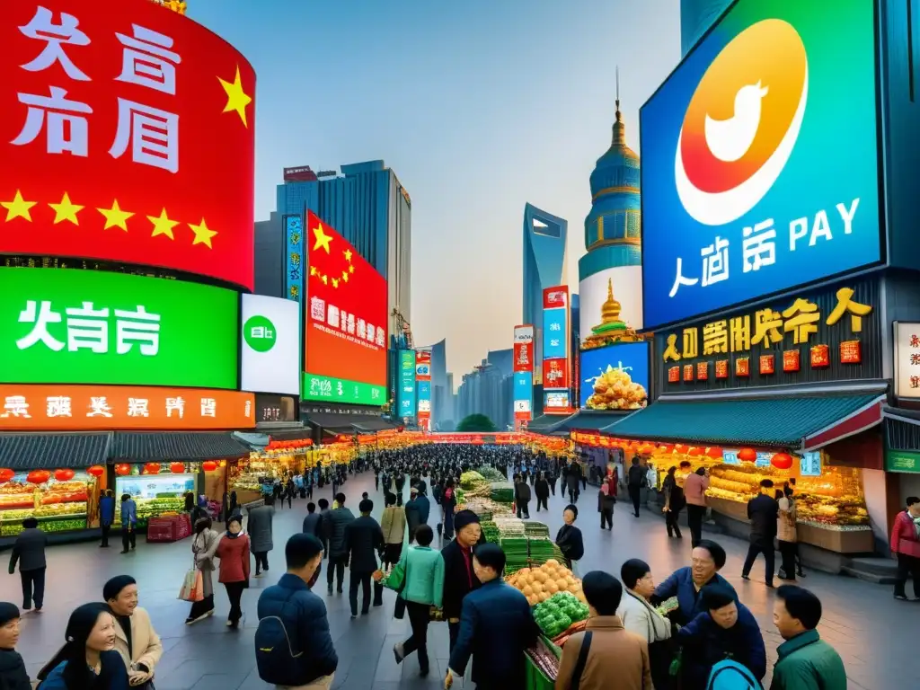 Fintech en China: WeChat Pay y Alipay en bulliciosa calle, fusionando comercio tradicional con tecnología financiera moderna