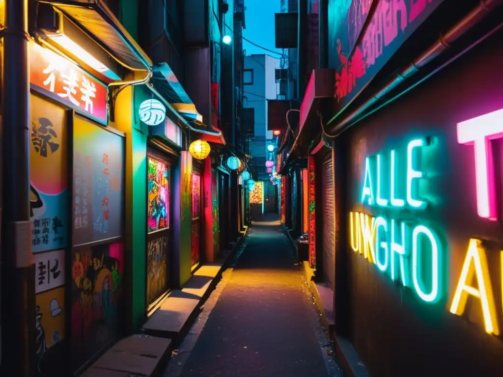 Alleyway en ciudad asiática, arte underground descubre galerías entre grafitis y neón, misterio y vitalidad