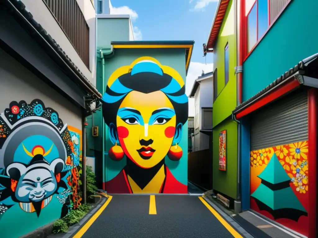 Alleyway en Tokio con murales de street art que fusionan folklore japonés y cultura moderna