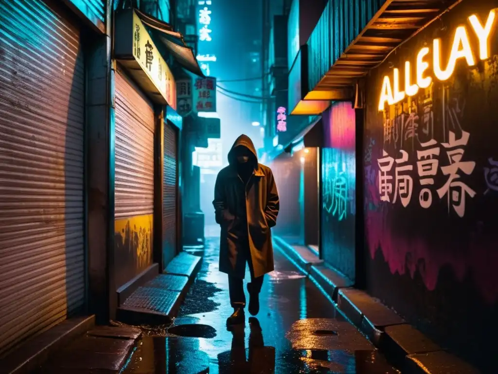 Alleyway sombrío en ciudad asiática con neón, figura misteriosa y humo de cigarrillo