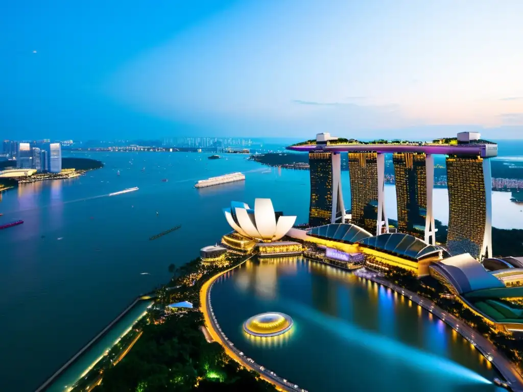 Alojamiento exclusivo en Singapur: la piscina infinita del Marina Bay Sands refleja la ciudad de noche, combinando modernidad y tradición