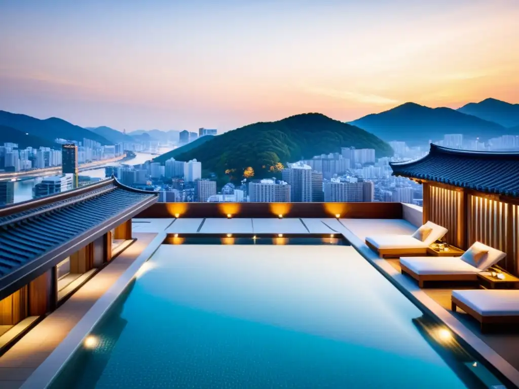 Alojamientos de Élite en Seúl: piscina de lujo en la azotea de un hotel, fusionando modernidad y tradición con vistas panorámicas al atardecer