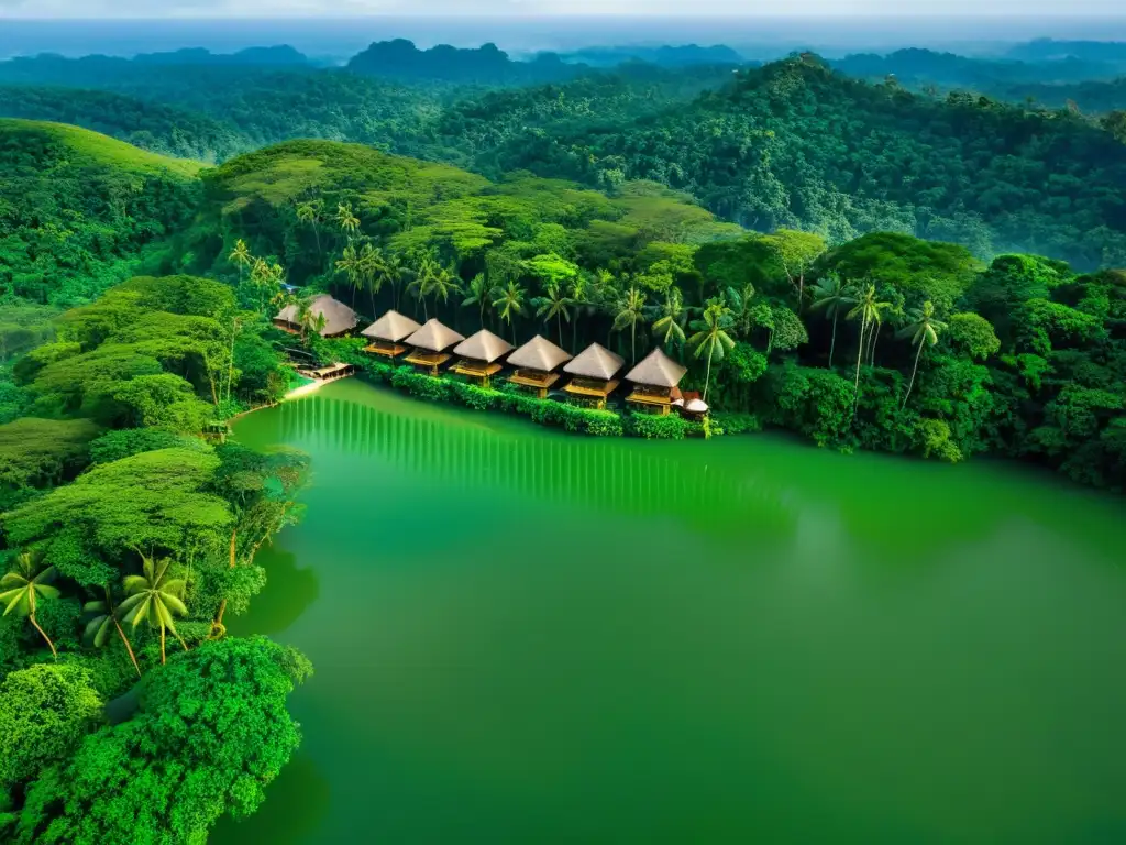 Alojamientos exóticos en la selva asiática: lujoso resort entre la exuberante vegetación, bungalows ecológicos y río serpenteante