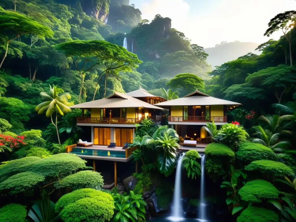 Alojamientos exóticos en la selva de Asia: refugio de lujo entre exuberante vegetación, villas de madera, cascada cristalina y vida silvestre vibrante