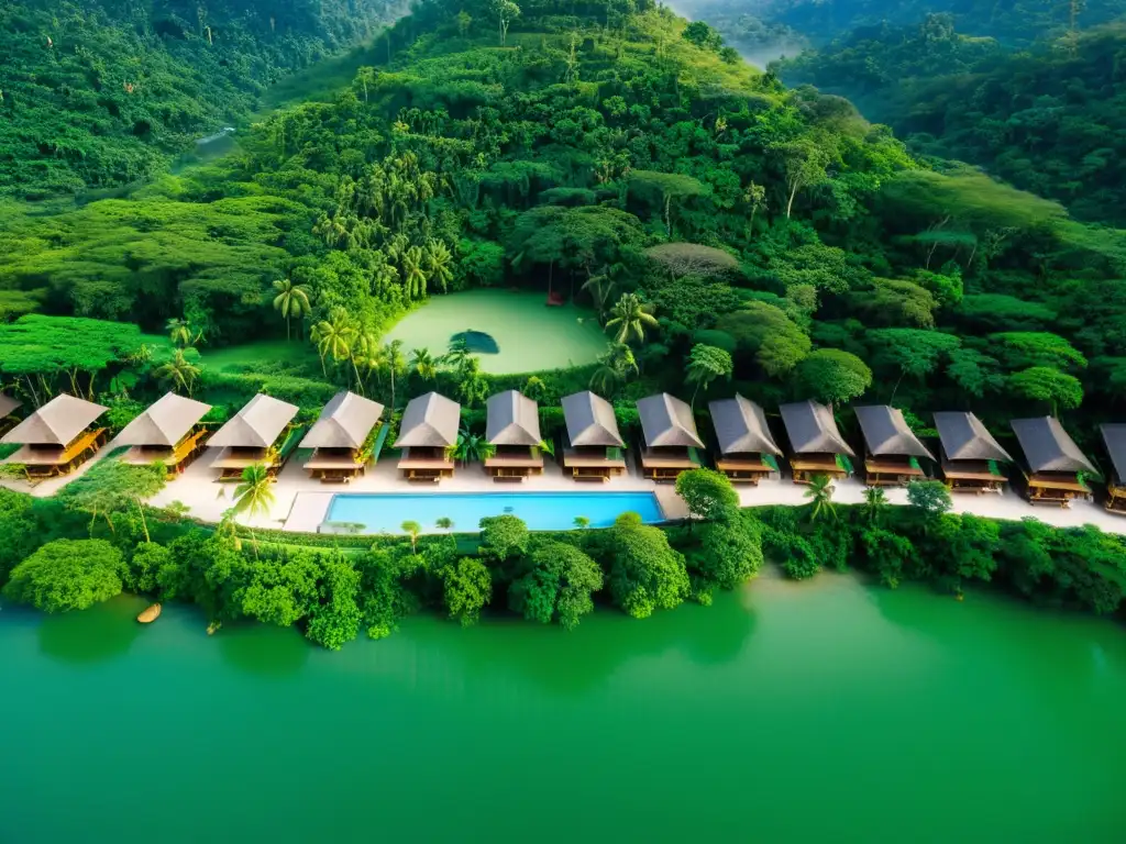 Alojamientos exóticos en la selva de Asia: lujoso resort entre exuberante vegetación, elegantes villas de madera y actividades relajantes junto al río