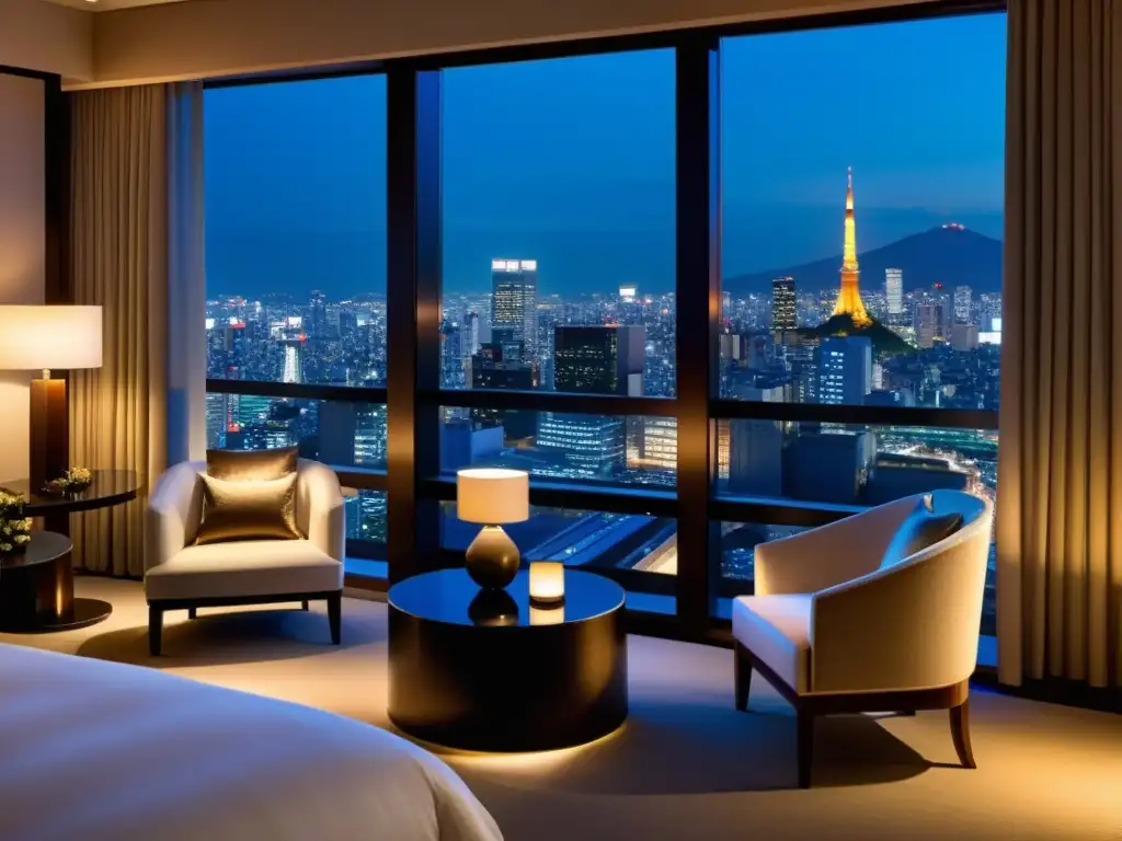 Alojamientos de lujo en Tokio: Suite con vistas panorámicas nocturnas de la ciudad, diseño elegante y atmósfera sofisticada