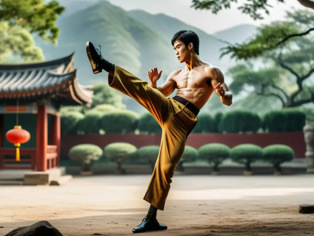 Bruce Lee ejecuta una alta patada en una película clásica de kung fu