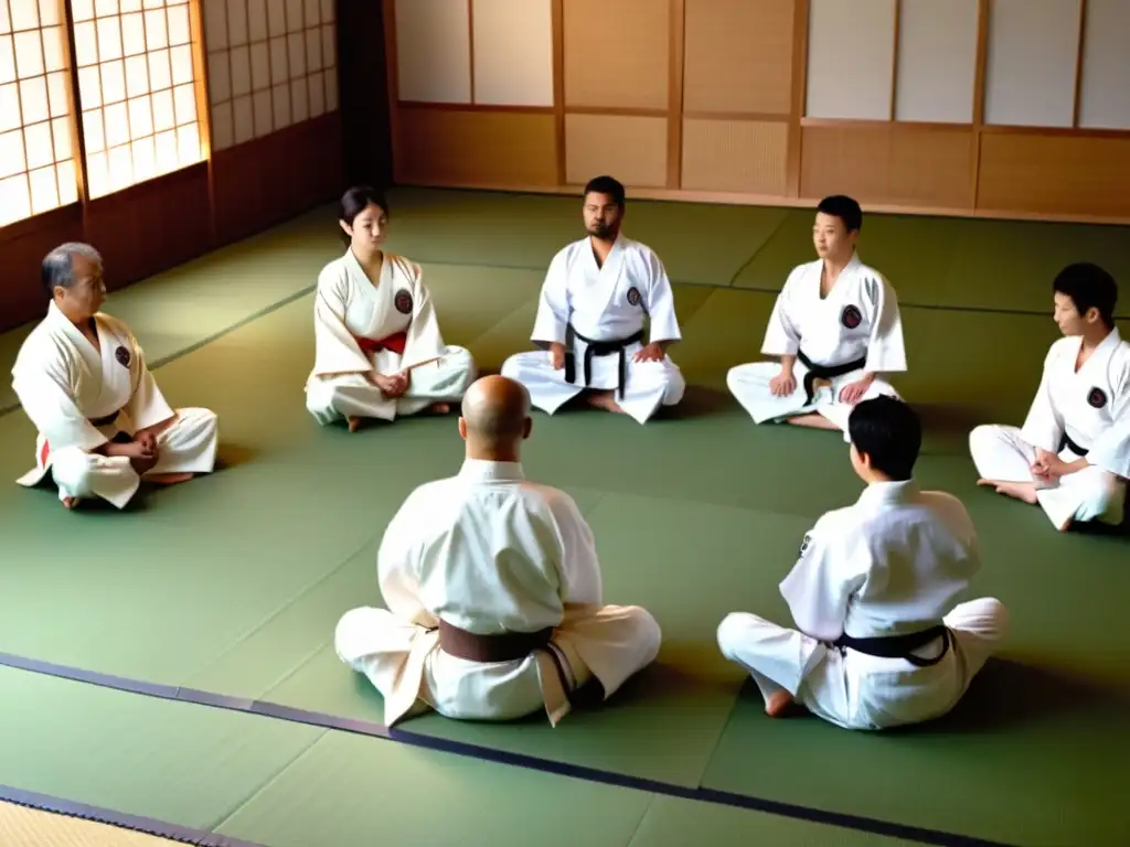 Meditación en el Karate de Alta Competición: Practicantes de karate en profunda meditación en tatami japonés, ambiente sereno