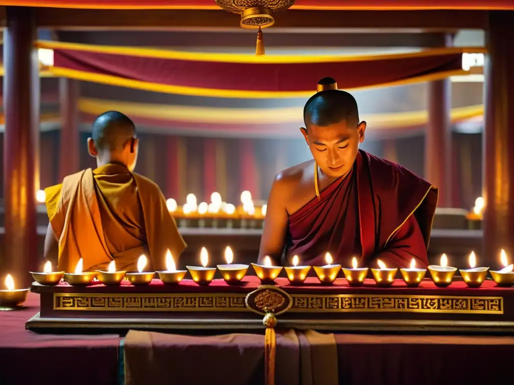 Un altar budista tibetano tallado y dorado se encuentra en un monasterio, iluminado por lámparas de mantequilla y monjes en contemplación