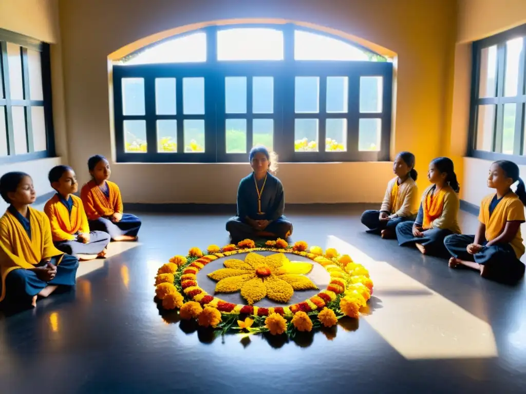 Altar de mandala de piedra con flores de cempasúchil en aula india, integrando espiritualidad con educación en un ambiente sereno y reverente