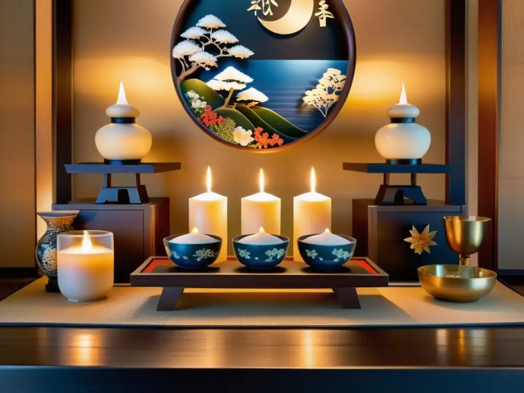 Un altar japonés detallado con decoraciones artesanales, ofrendas simbólicas y una luz suave