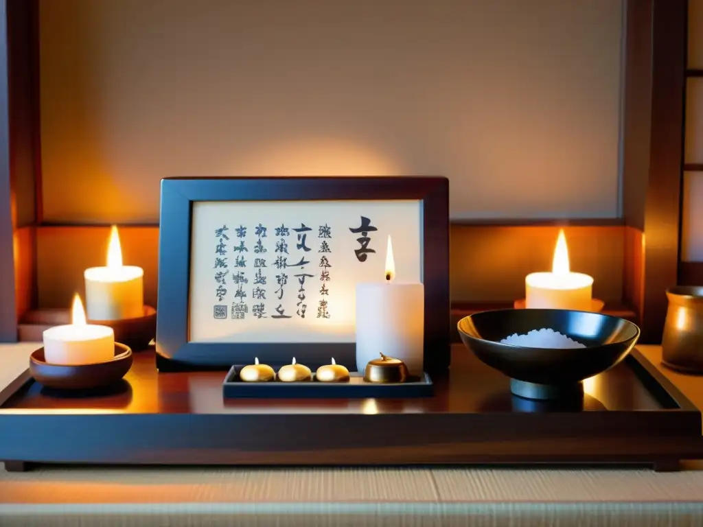 Un altar japonés tradicional, iluminado por una lámpara de aceite sagrada, con ofrendas y detalles meticulosos, evocando rituales japoneses para superar mala suerte