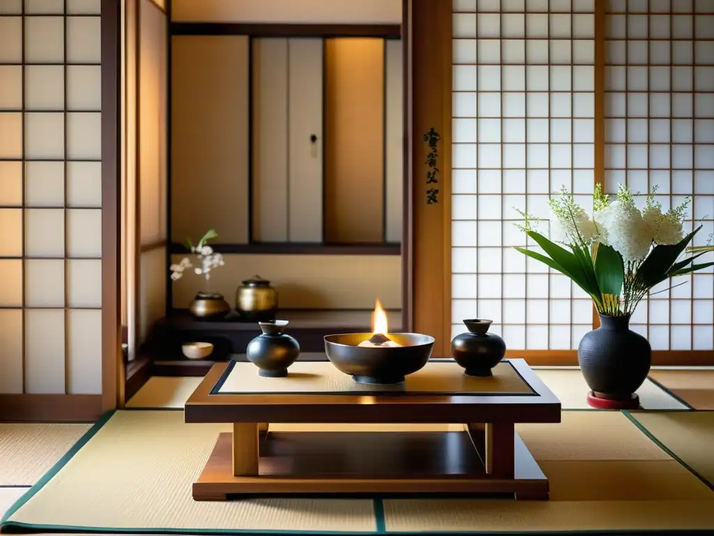 Un altar japonés tradicional, con ofrendas de arroz, sake y flores frescas, en un ambiente sereno con detalles intrincados