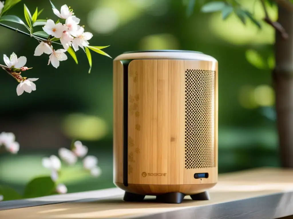 Un altavoz de bambú japonés, rodeado de delicadas flores de cerezo, irradia serenidad y elegancia en un jardín japonés, inspirando calma