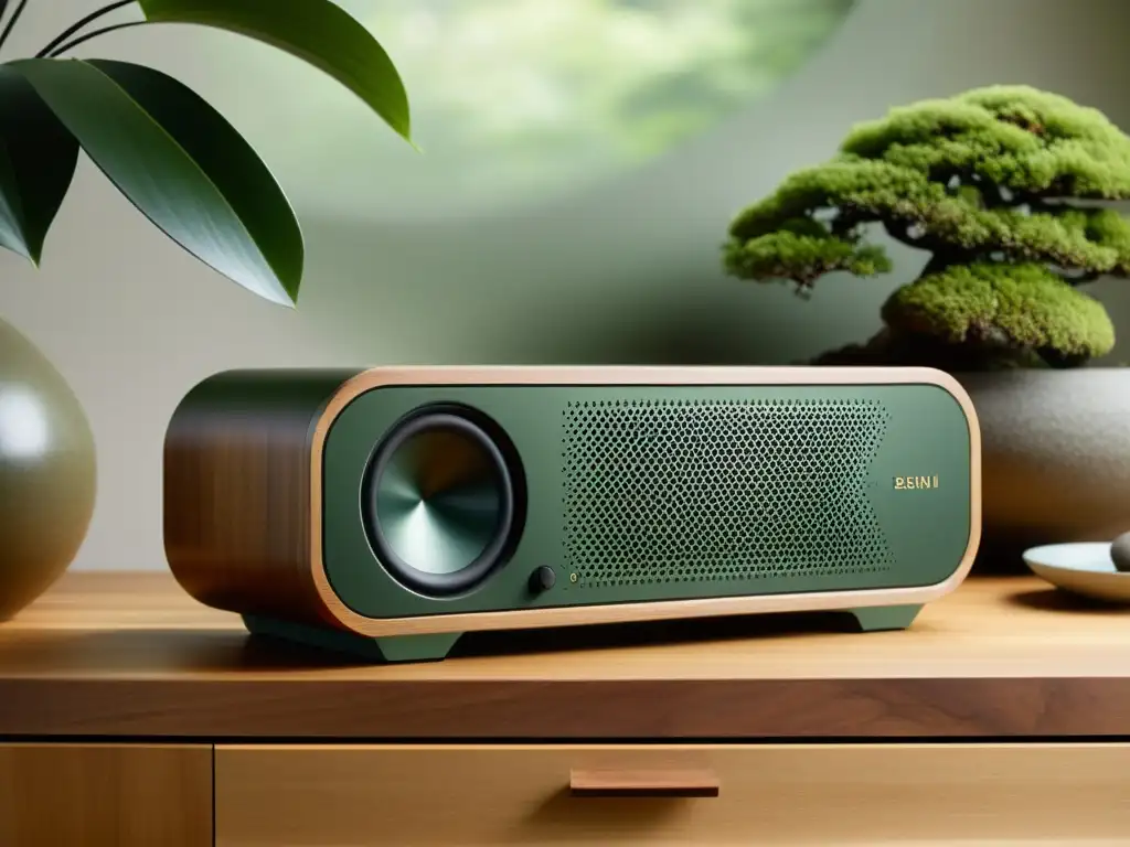 Un altavoz minimalista de madera se integra armoniosamente en un tranquilo interior inspirado en jardines japoneses, irradiando calma y equilibrio