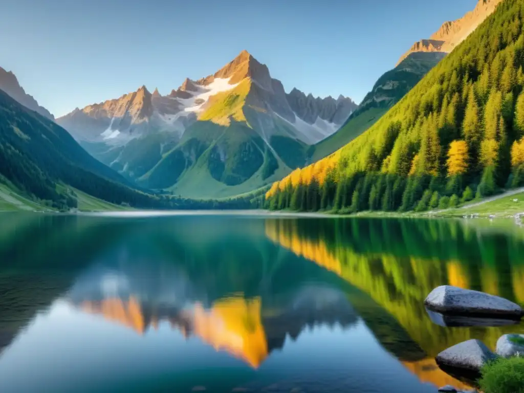 Un amanecer dorado ilumina las montañas, reflejando la serenidad de un lago alpino