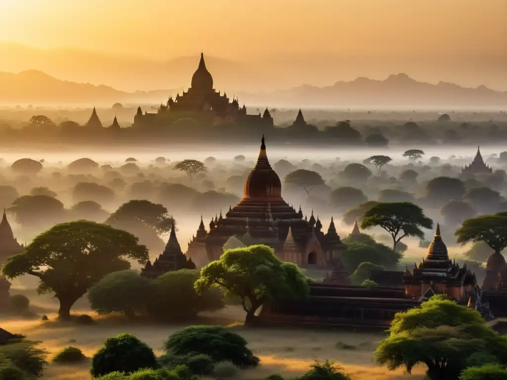 El amanecer dorado ilumina las pagodas de Bagan, Birmania, resaltando su esencia espiritual