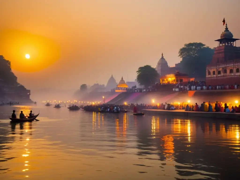 Amanecer espiritual en el Ganges, India: devotos realizan aarti a orillas del río sagrado, con una atmósfera mística y serena