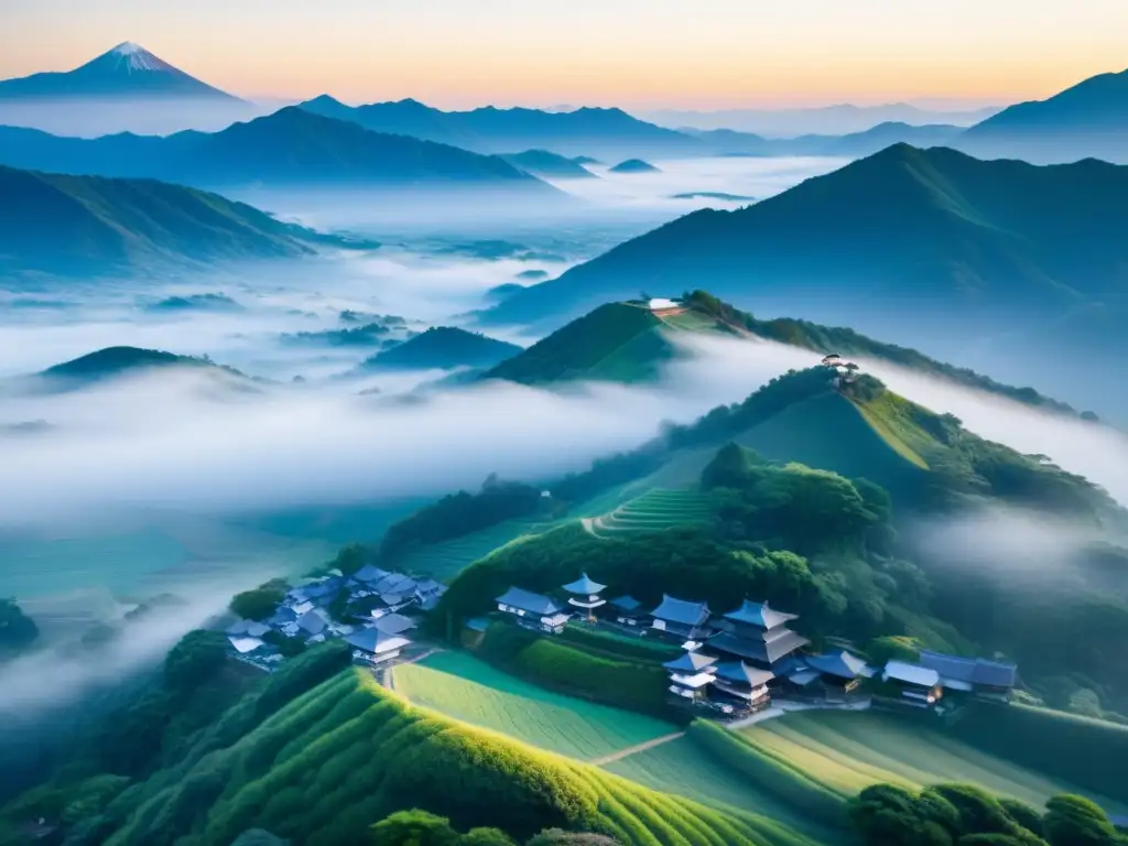 Un amanecer mágico sobre la campiña japonesa y una aldea tradicional entre la niebla