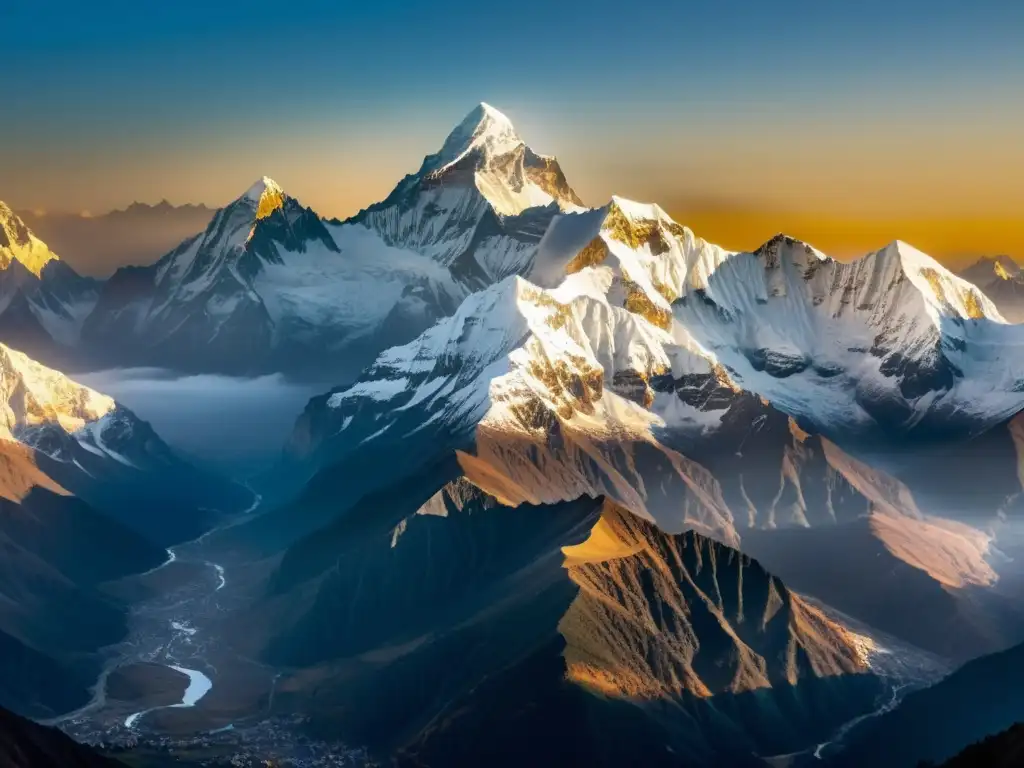 El amanecer ilumina los picos nevados del Himalaya, con una atmósfera serena y mística