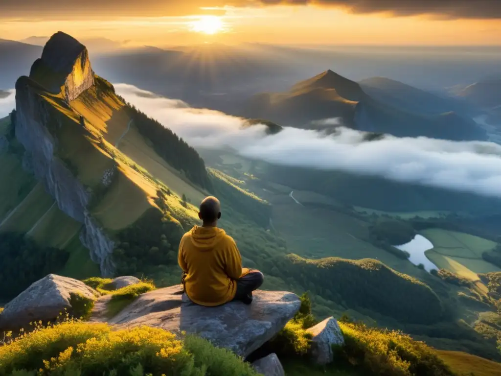 Un amanecer sereno en la cima de una montaña cubierta de niebla, donde una figura medita en paz