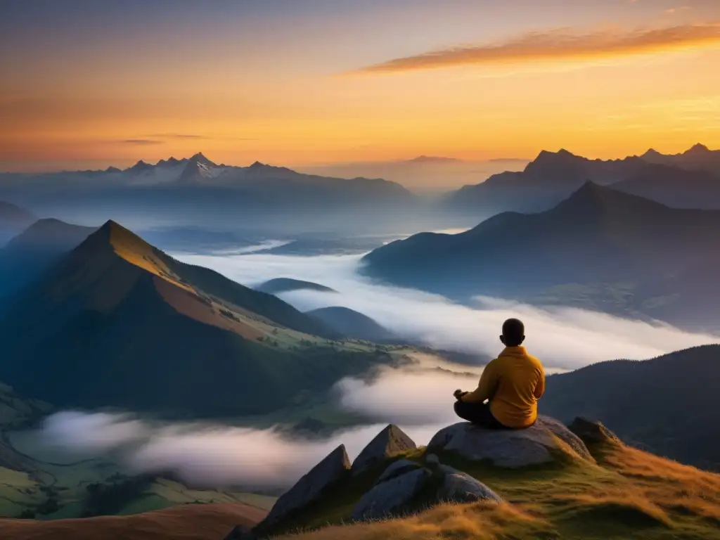 Un amanecer sereno en la cima de la montaña, con una figura meditando en silueta