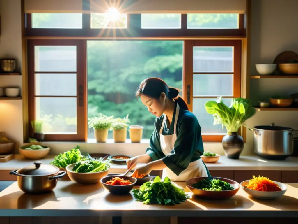 Un ambiente cálido en una cocina coreana tradicional, con una variedad de ingredientes frescos y coloridos