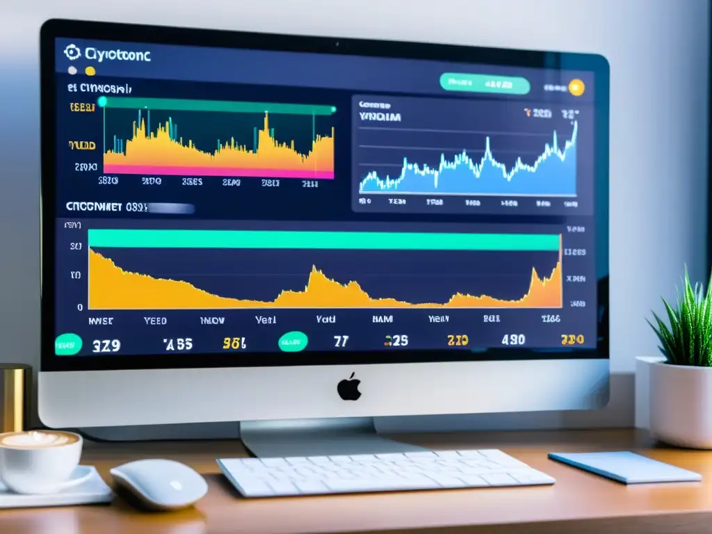 Un ambiente de concentración e intensidad al interactuar con líquidez en criptomonedas en una pantalla de ordenador, rodeada de papeles y café