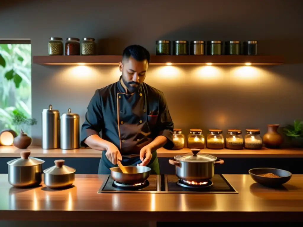 Un ambiente sereno y acogedor en una cocina minimalista con ingredientes exóticos y un chef en delantal zen