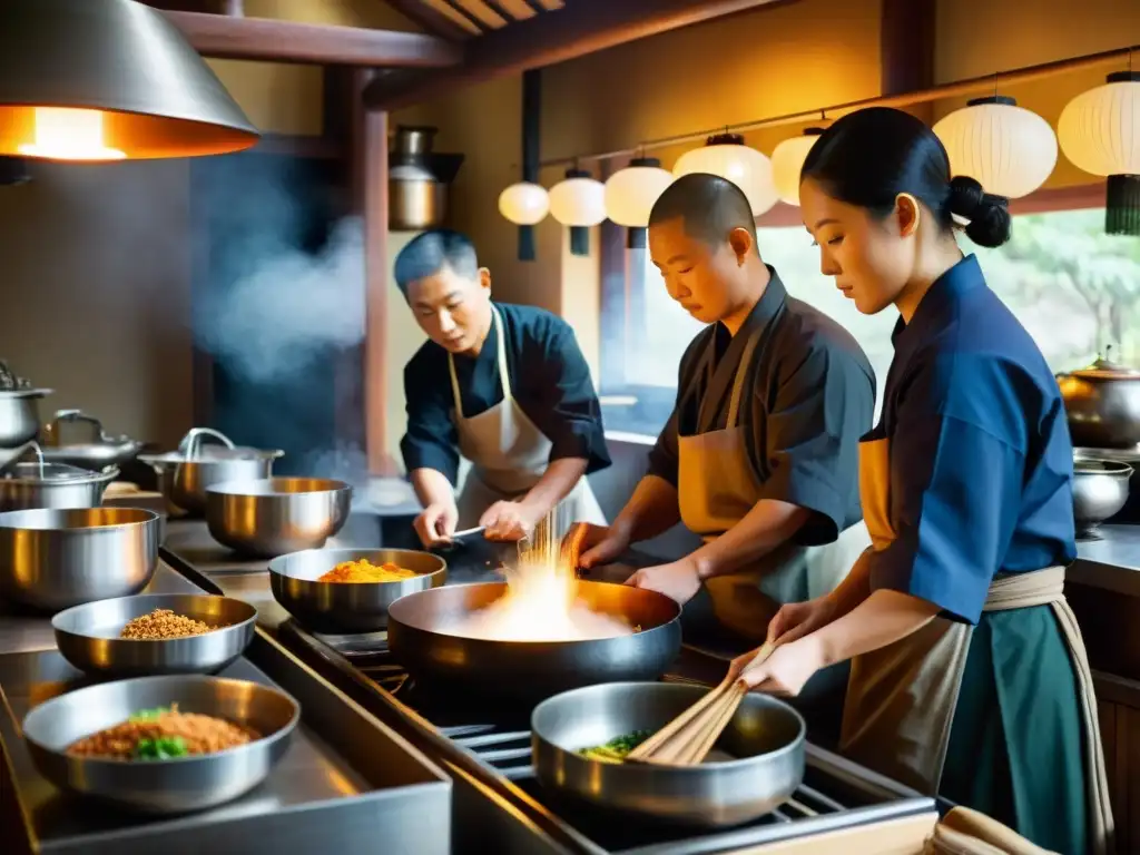 Un ambiente sereno en la cocina monástica coreana con iluminación cálida y sabor tradicional en la preparación de platos intrincados