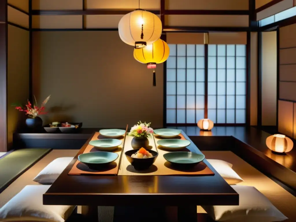 Un ambiente sereno y elegante en un restaurante japonés con estrellas Michelin, con exquisitos platos y decoración tradicional