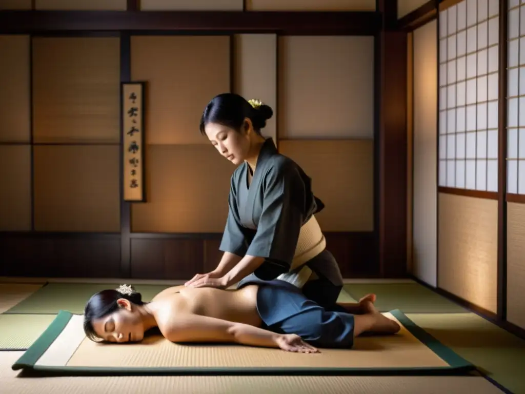 Un ambiente sereno con decoración japonesa tradicional, una persona recibe un masaje Shiatsu con técnicas de masajes asiáticos milenarios