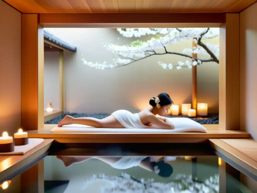 Un ambiente sereno de spa con un baño japonés ofuro de madera de hinoki, terapeuta en kimono preparando una envoltura de seda