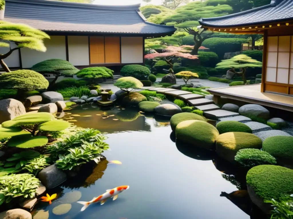 Estudiar MBA en ambientes tranquilos: Jardín japonés sereno con sendero de piedra, edificio tradicional y estanque con peces koi