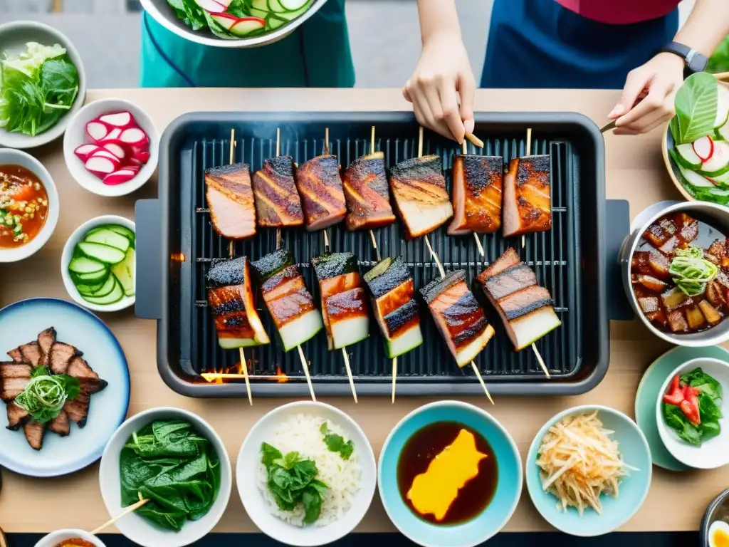 Amigos disfrutando del ritual de asar carne en Corea alrededor de la parrilla de BBQ, con samgyeopsal sizzling y banchan colorido