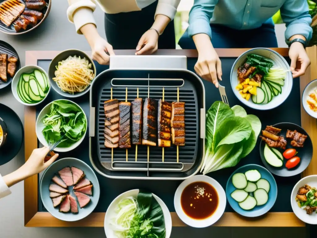 Amigos disfrutan de un ritual de asar carne en Corea, preparando samgyeopsal alrededor de la parrilla