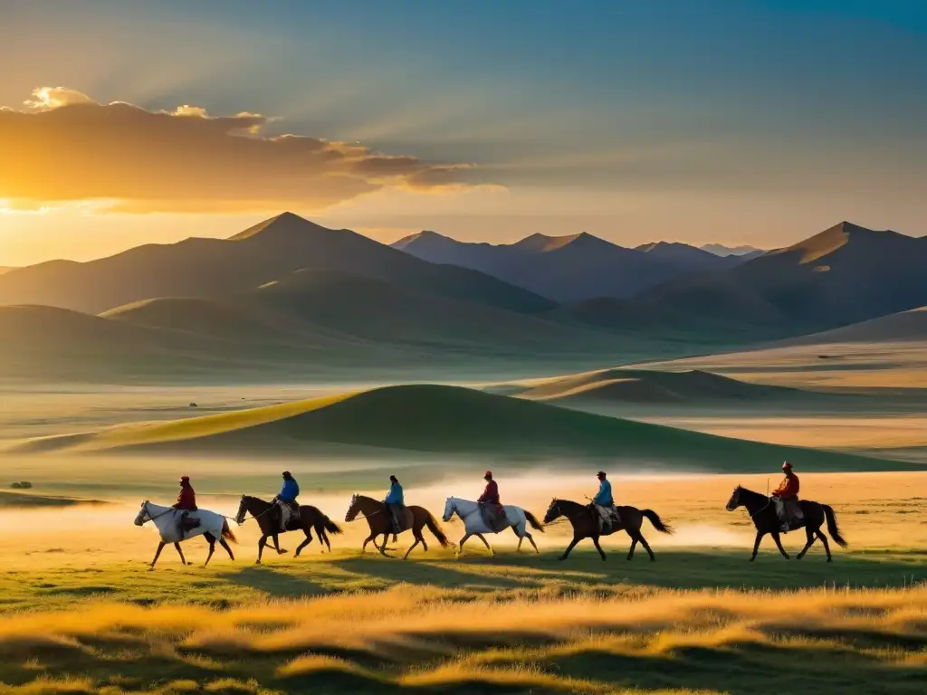 Amplio paisaje de la estepa mongol con el sol poniéndose detrás de las montañas, iluminando las praderas