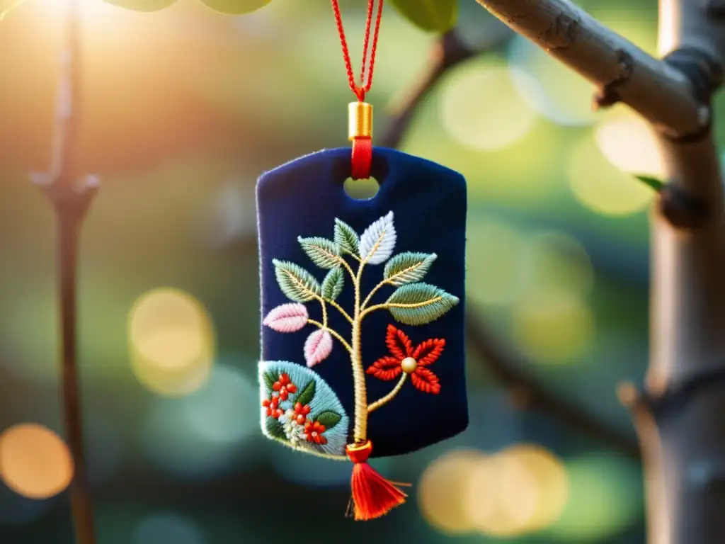 Un amuleto japonés omamori colgando de un árbol sagrado, con luz suave filtrándose a través de las hojas