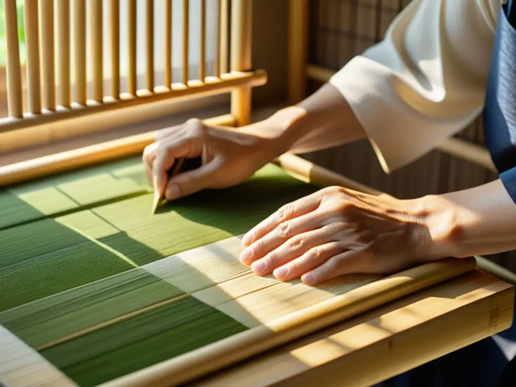 Fabricación ancestral papel washi cultura japonesa: Artesano japonés creando papel washi con destreza, rodeado de luz suave y concentración serena