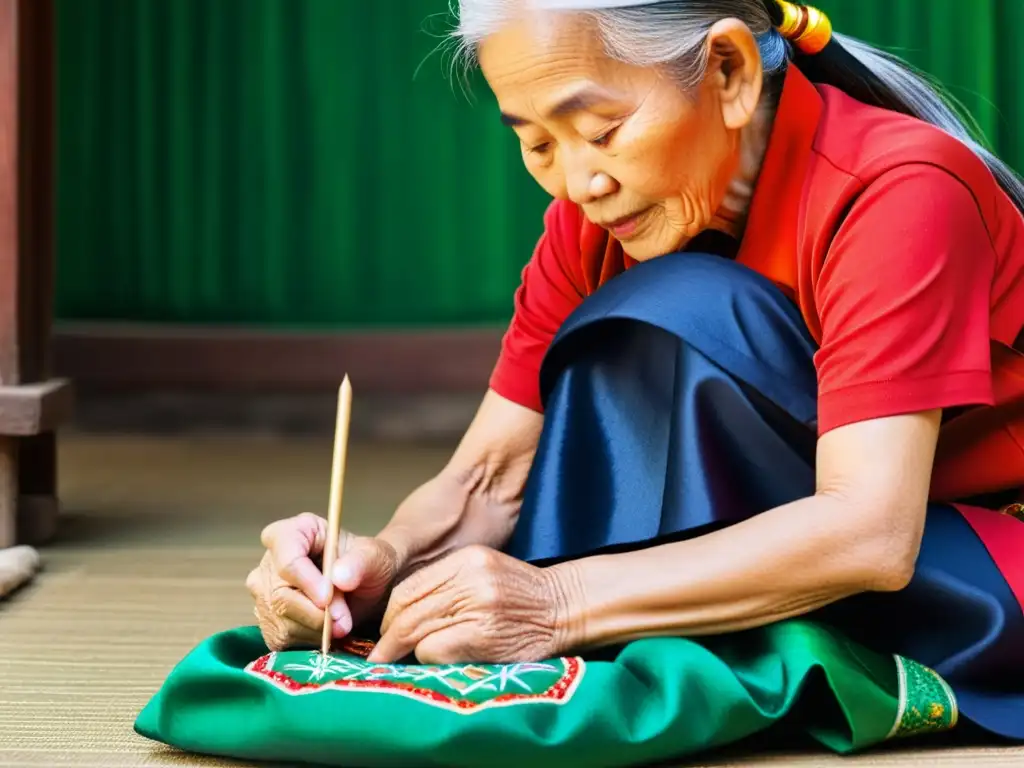 Una anciana artesana vietnamita bordando un diseño tradicional en vibrante tela, mostrando el arte del bordado vietnamita tradicional