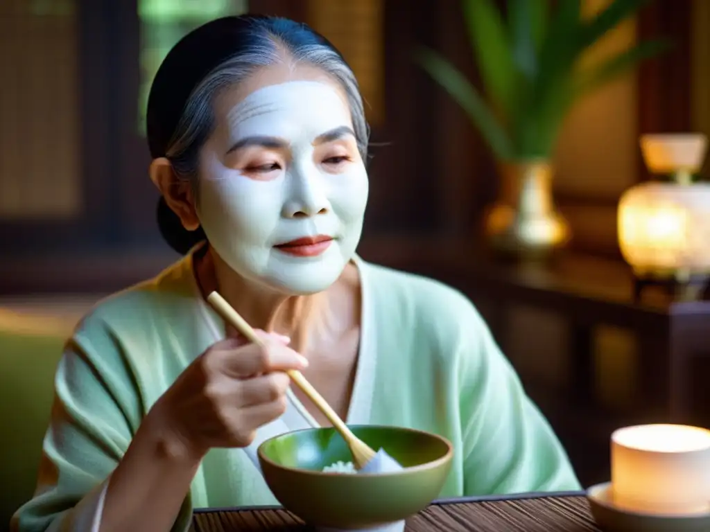 Una anciana asiática aplica una mascarilla facial de arroz y té verde en un ambiente tranquilo, evocando el ritual asiático piel porcelana