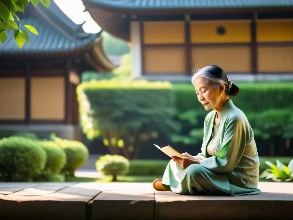 Una anciana asiática serena en un patio tradicional rodeada de exuberante vegetación, irradiando sabiduría y tranquilidad