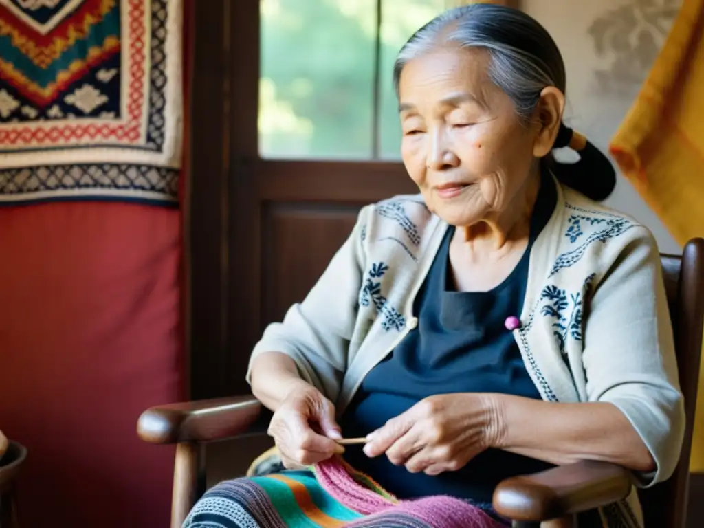 Una anciana asiática tejiendo con serenidad en una mecedora de madera, resplandeciendo una autenticidad cultural