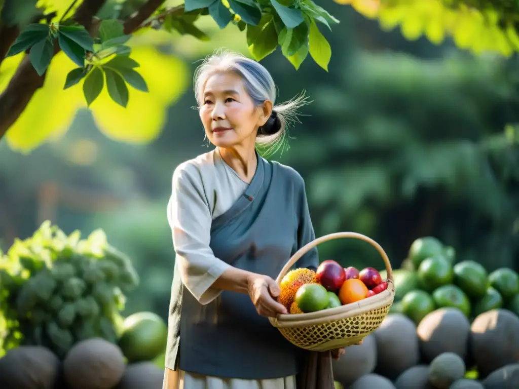 Una anciana asiática con vestimenta tradicional sostiene una cesta de frutas y verduras