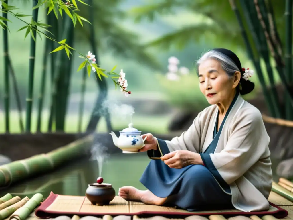 Una anciana en atuendo asiático vierte té en una taza, rodeada de naturaleza exuberante y cerezos en flor