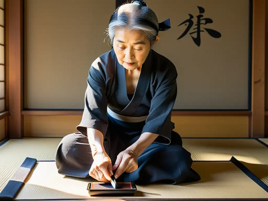 Una anciana calígrafa japonesa crea arte con sumi ink, envuelta en la elegancia del arte de la hospitalidad japonesa