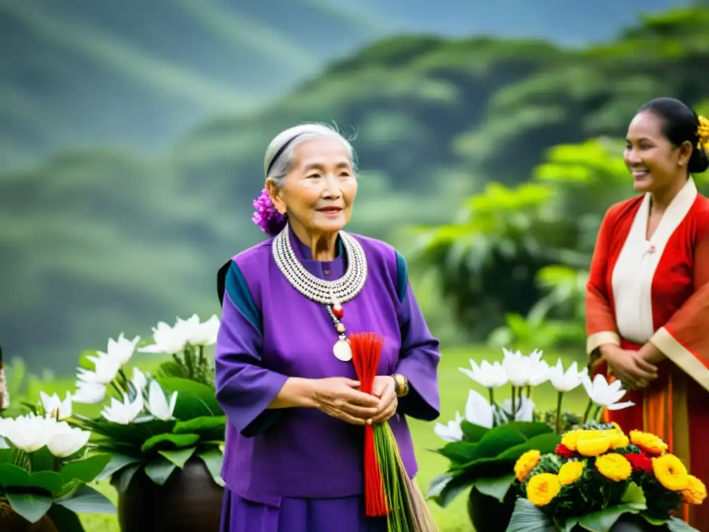 Una anciana lidera una ceremonia cultural con mujeres, exudando tradición y empoderamiento en los matriarcados en Asia